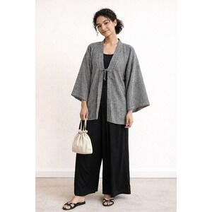 Vintage Japanese Haori Kimono Jacket Asahi Crepe Geometric Tie Front Minimalist